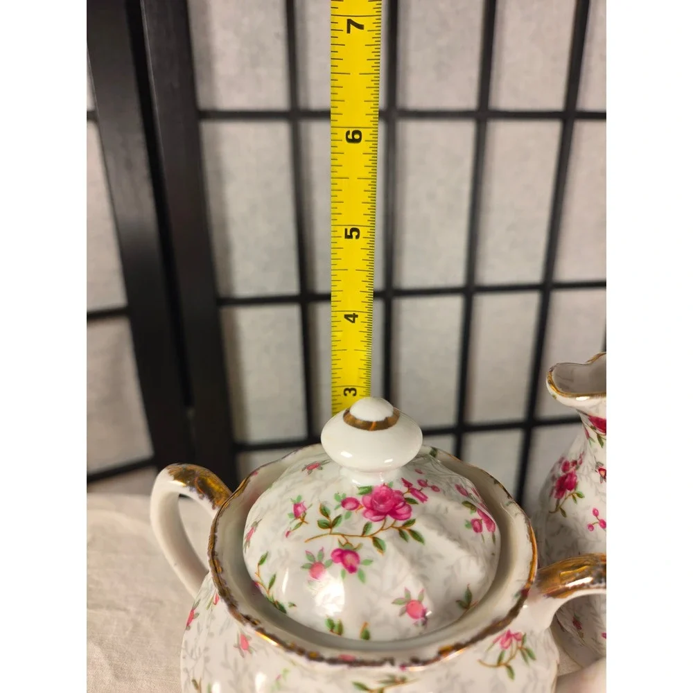 Vintage Porcelain Pink Rosebud Creamer and Lidded Sugar Bowl Set Gold Trim